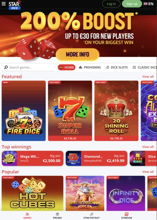 Stardice Casino hoofdpagina met live casino en premium slot machines